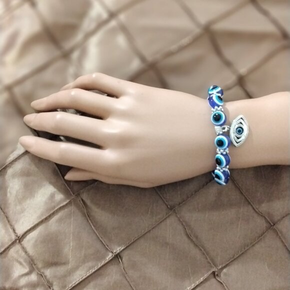 Evil Eye Blue Beaded Charm Bracelet for Protection and Blessing Stretchable Luck - Picture 12 of 16